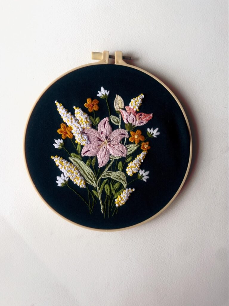 Midnight Bloom – Hand-Embroidered Wall Art (8")